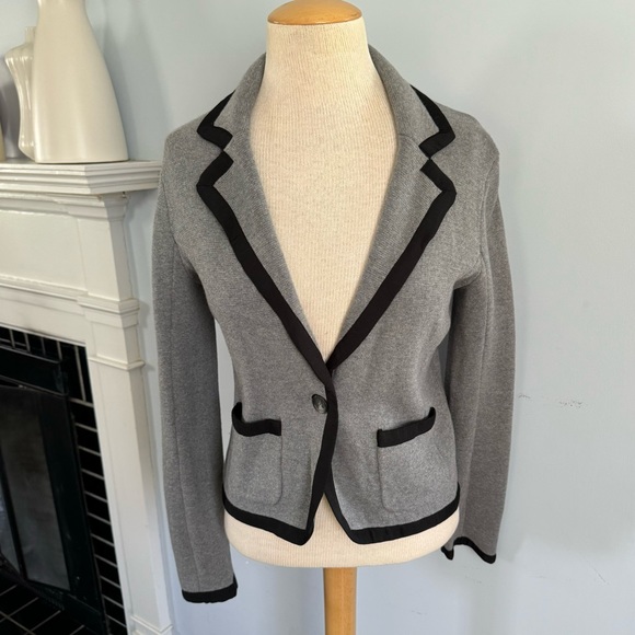 LOFT gray cotton tipped cardigan sweater with blazer look, heather gray & black - Picture 9 of 13